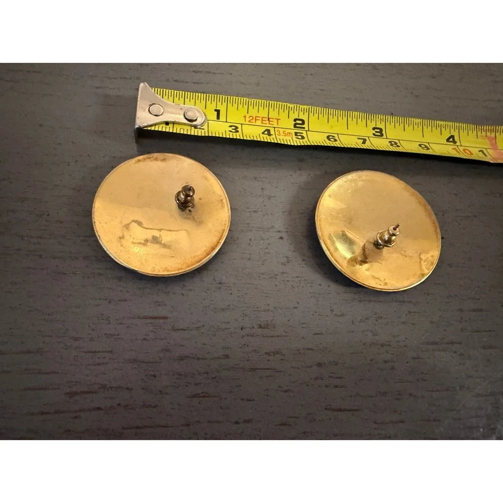 Vintage Art Deco Enamel Stud Earrings Geometric Abstract Navy Blue Gold Tone